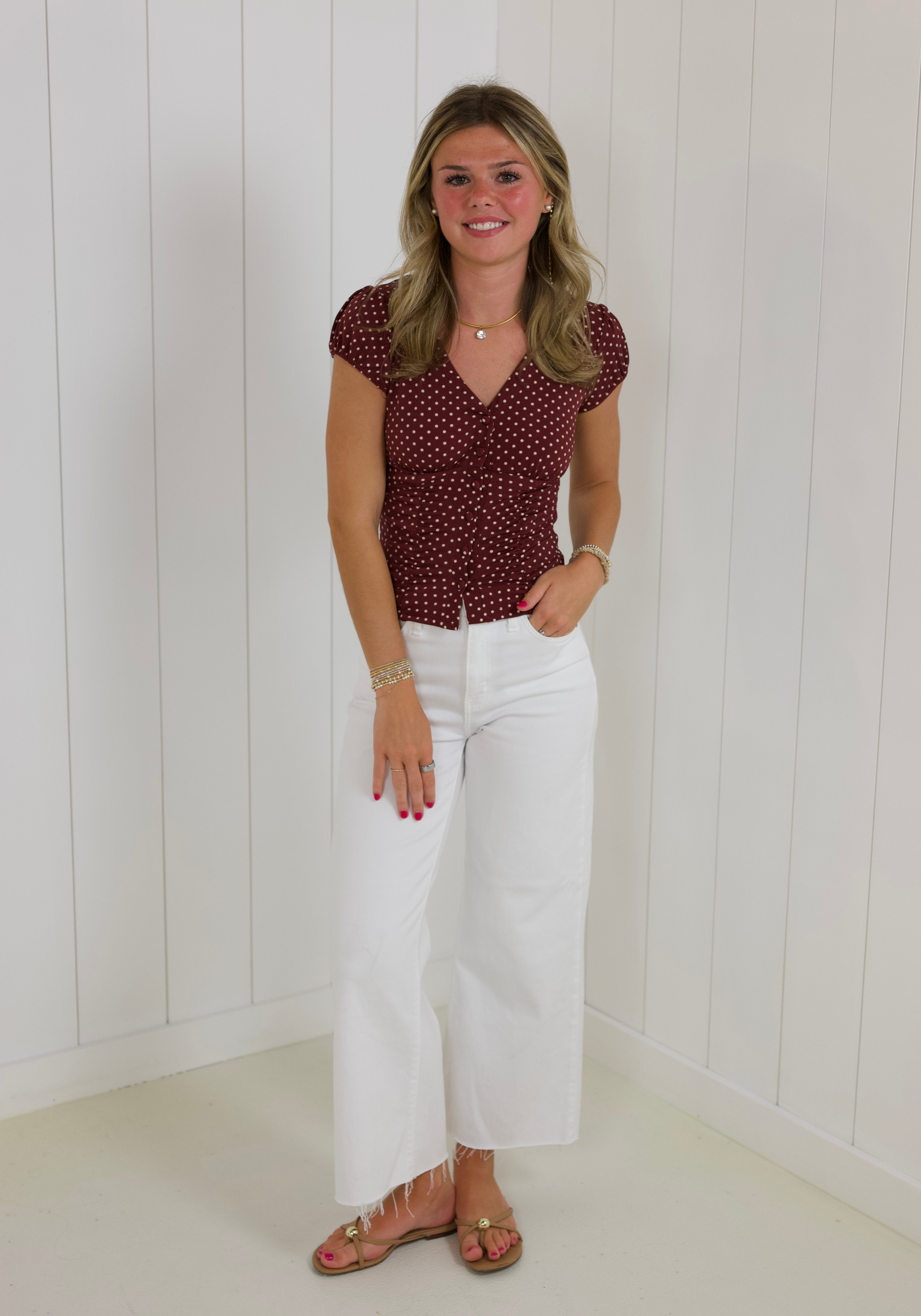 Burgundy Polka Dot V-neck Top