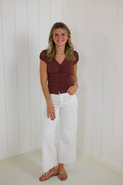 Burgundy Polka Dot V-neck Top