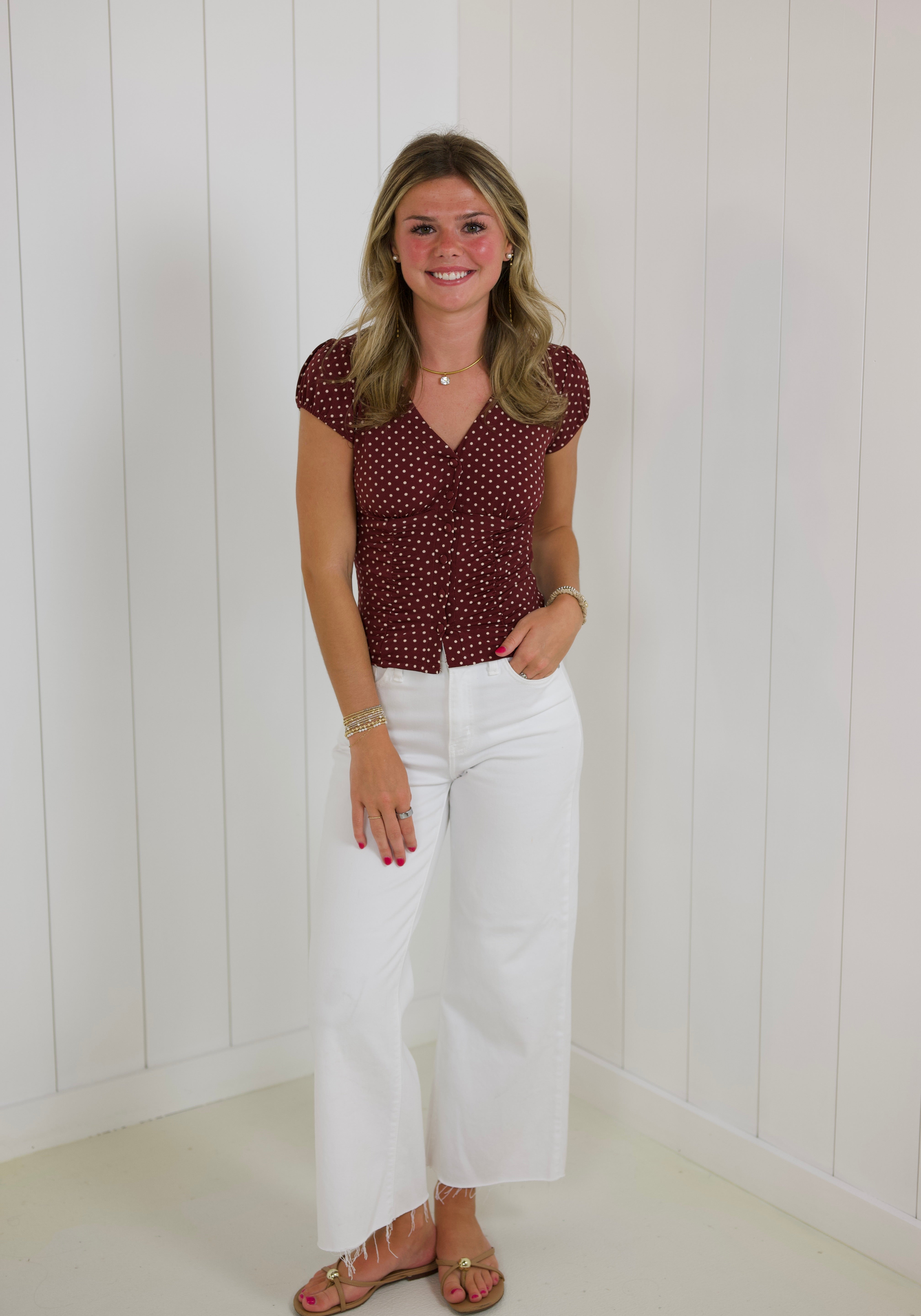 Burgundy Polka Dot V-neck Top