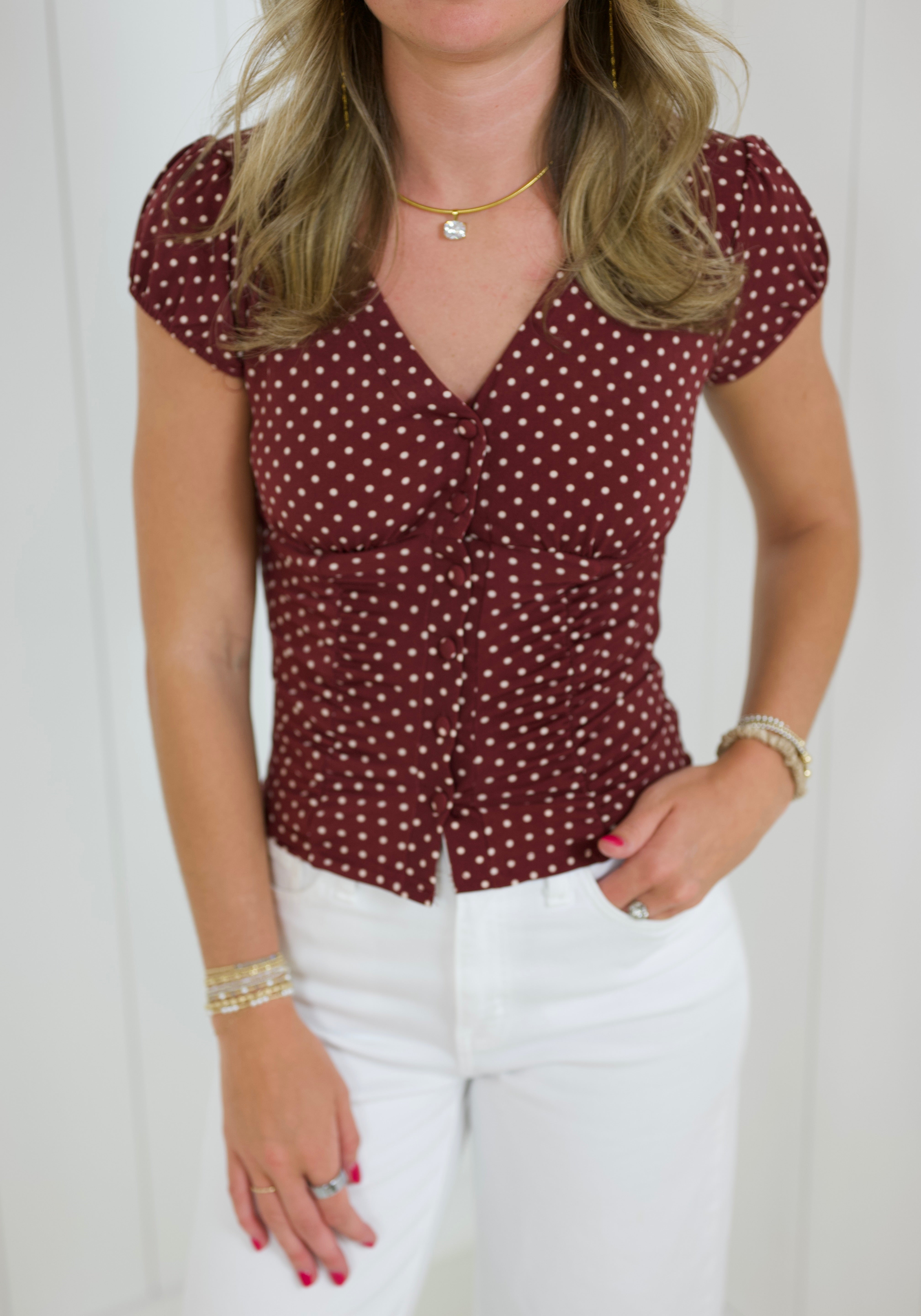 Burgundy Polka Dot V-neck Top