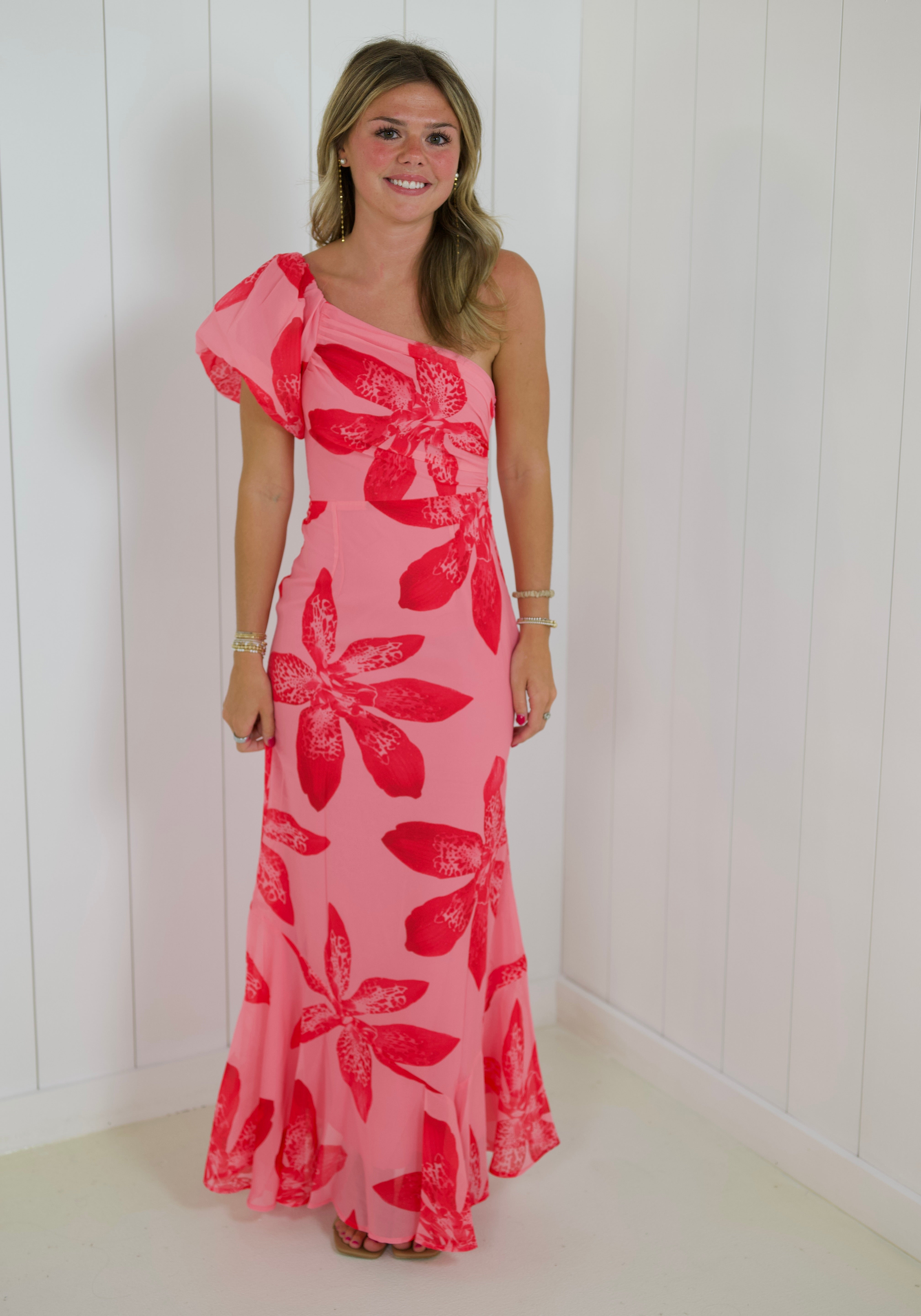 Pink Floral One Shoulder Maxi Dress