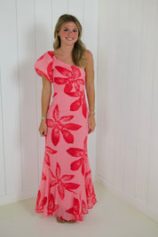 Pink Floral One Shoulder Maxi Dress