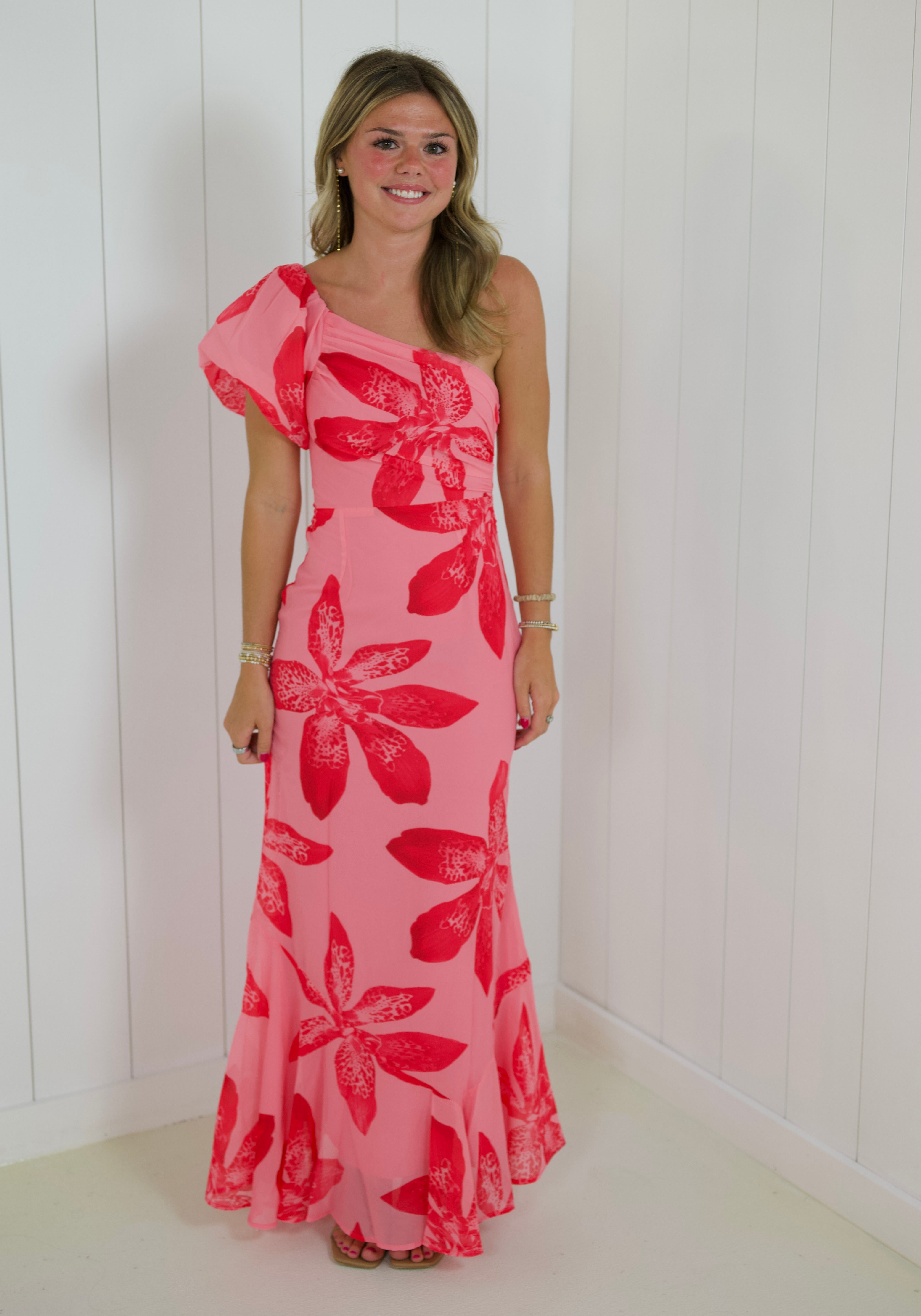 Pink Floral One Shoulder Maxi Dress