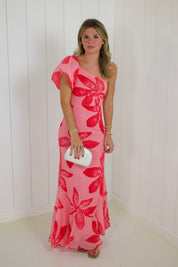 Pink Floral One Shoulder Maxi Dress
