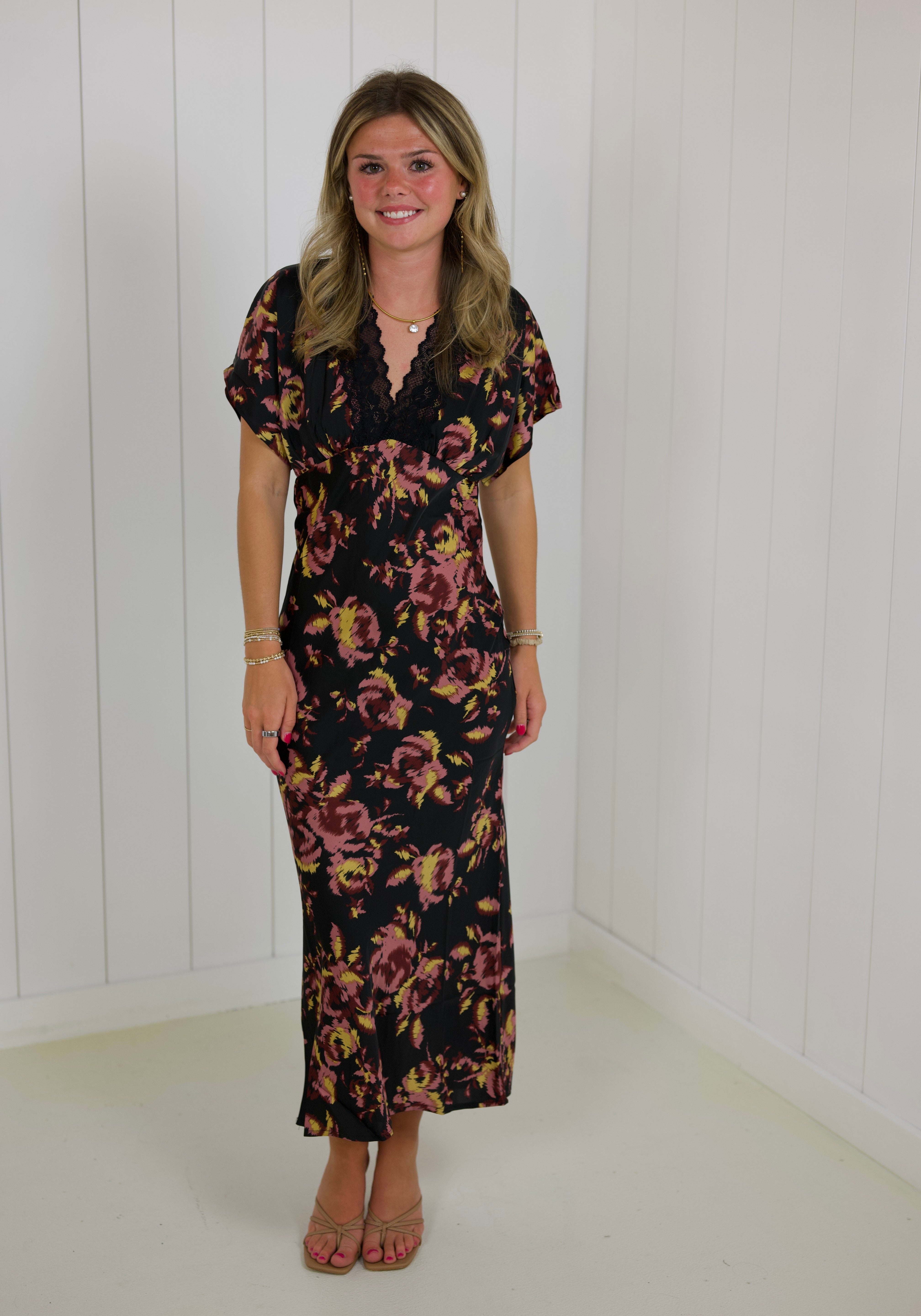 Floral Satin Short Sleeve Maxi Dress