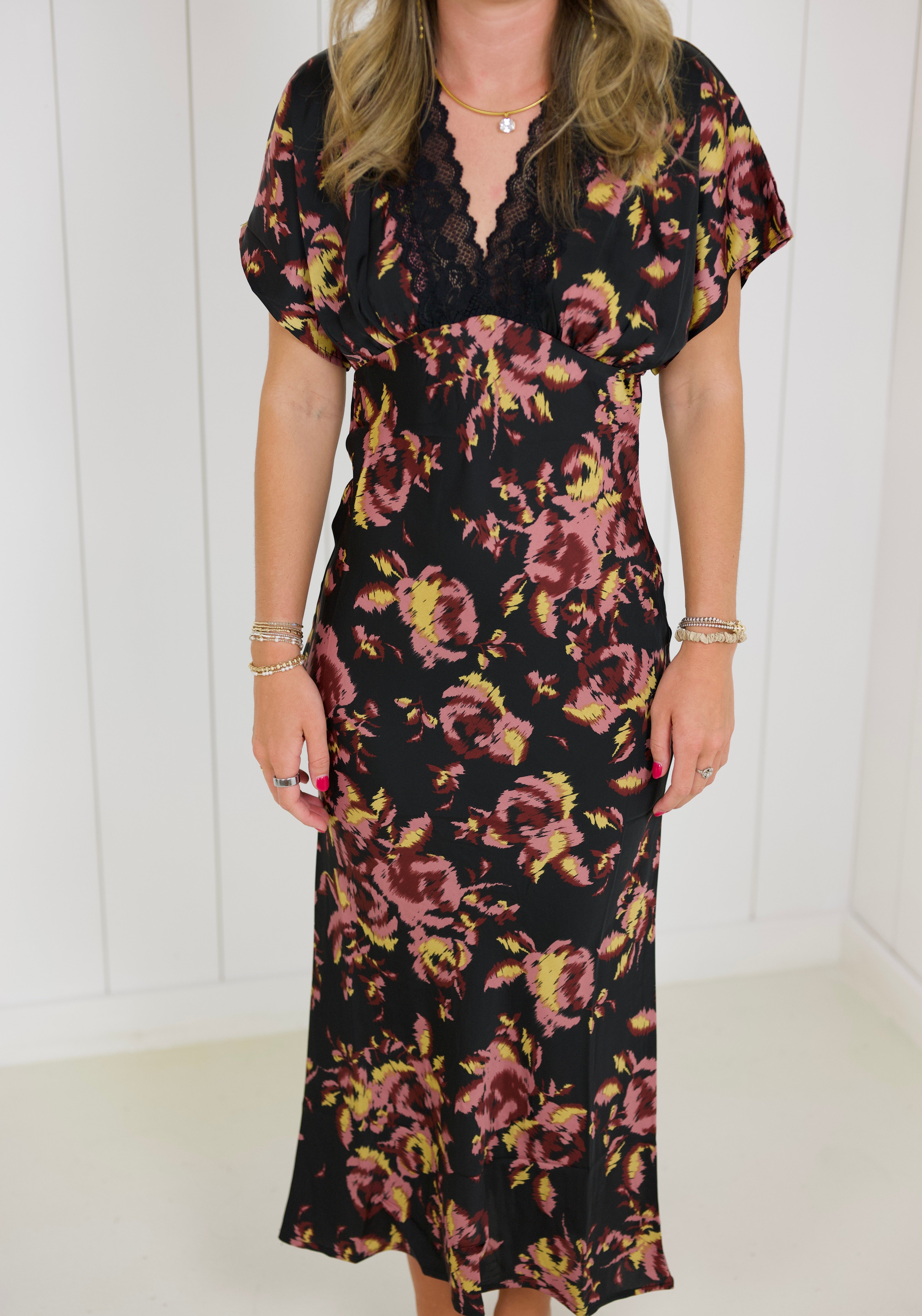 Floral Satin Short Sleeve Maxi Dress