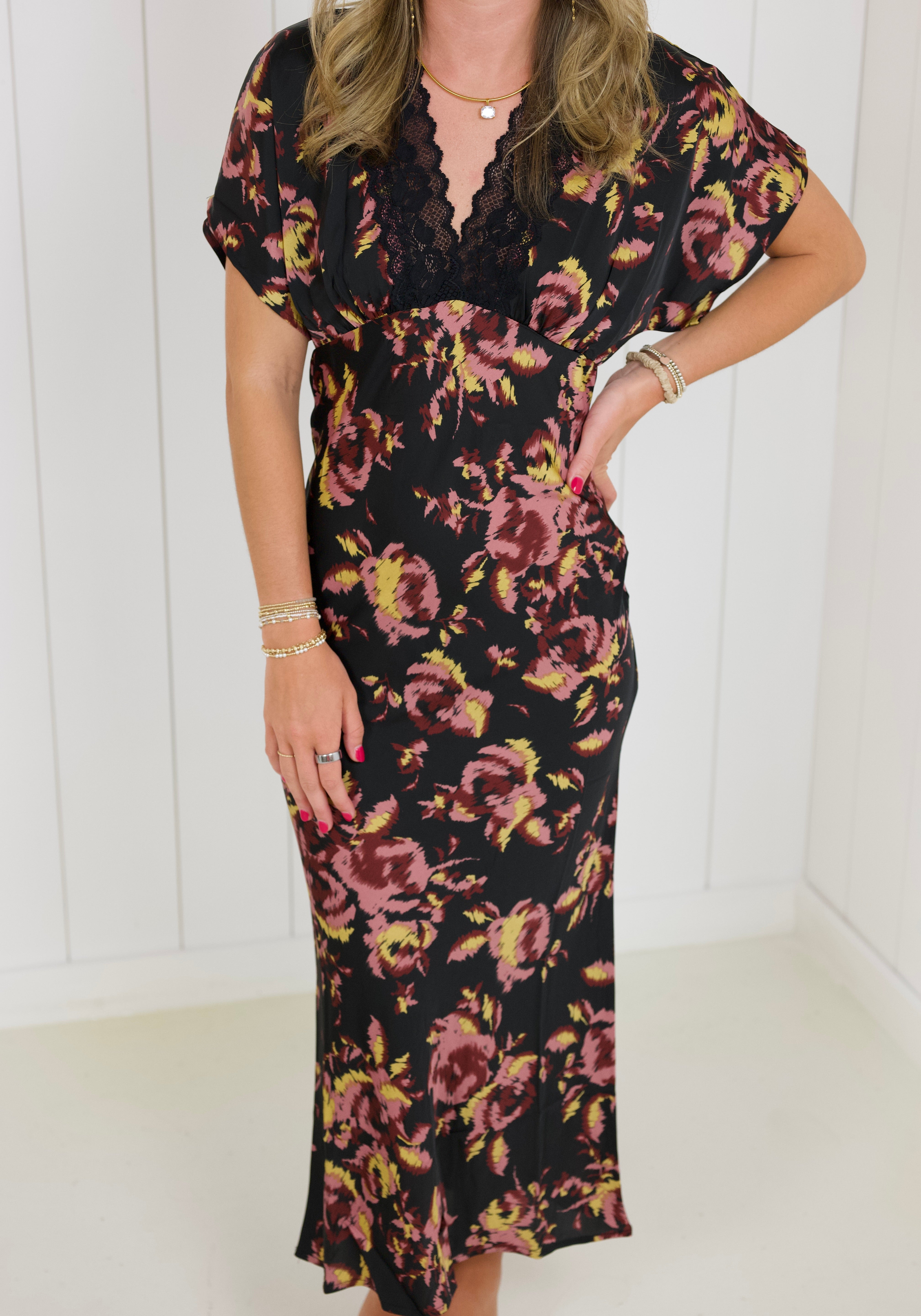 Floral Satin Short Sleeve Maxi Dress