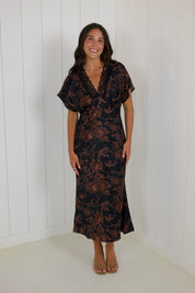 Brown Floral Satin Short Sleeve Maxi Dress