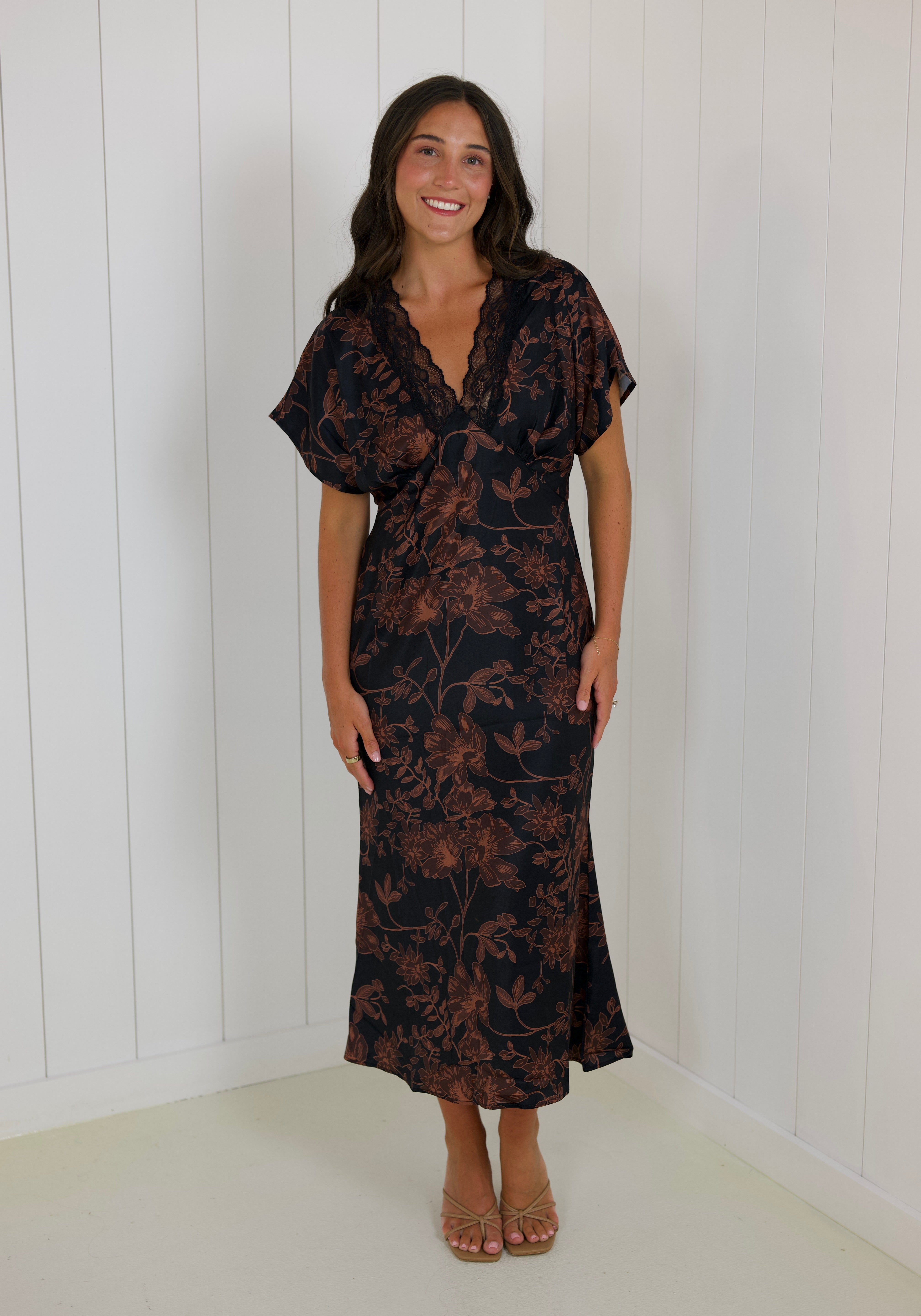 Brown Floral Satin Short Sleeve Maxi Dress