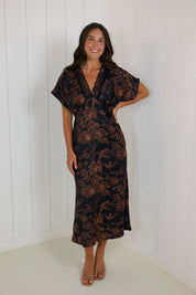 Brown Floral Satin Short Sleeve Maxi Dress