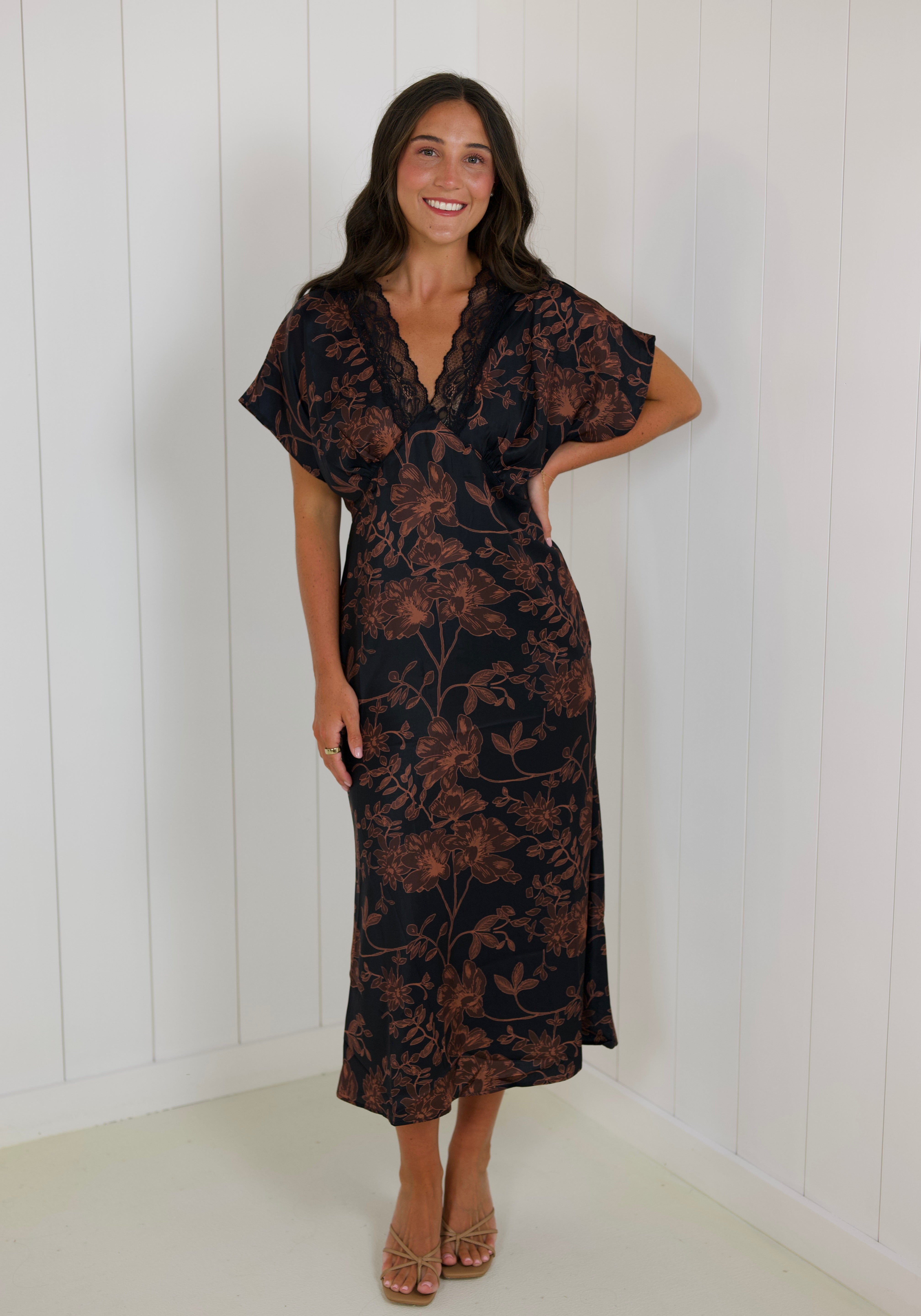 Brown Floral Satin Short Sleeve Maxi Dress