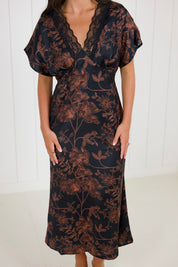 Brown Floral Satin Short Sleeve Maxi Dress