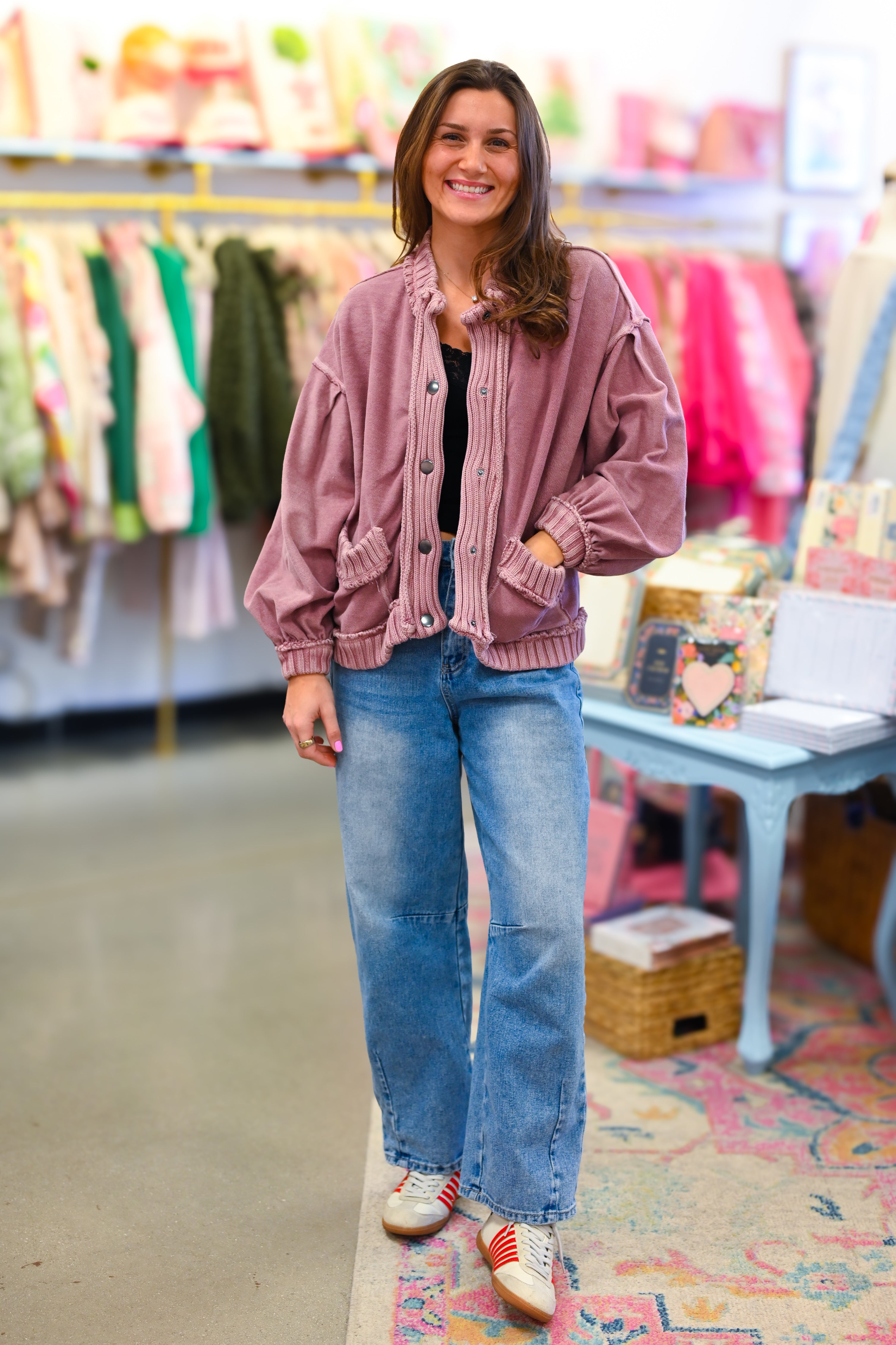 Mauve Washed Trim Cardigan Jacket