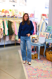 Navy Scalloped Mock Neck Sweater