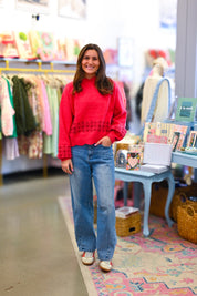 Red Scalloped Mock Neck Sweater