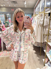 Floral Ribbon Front Lace Up Pajama Short Set