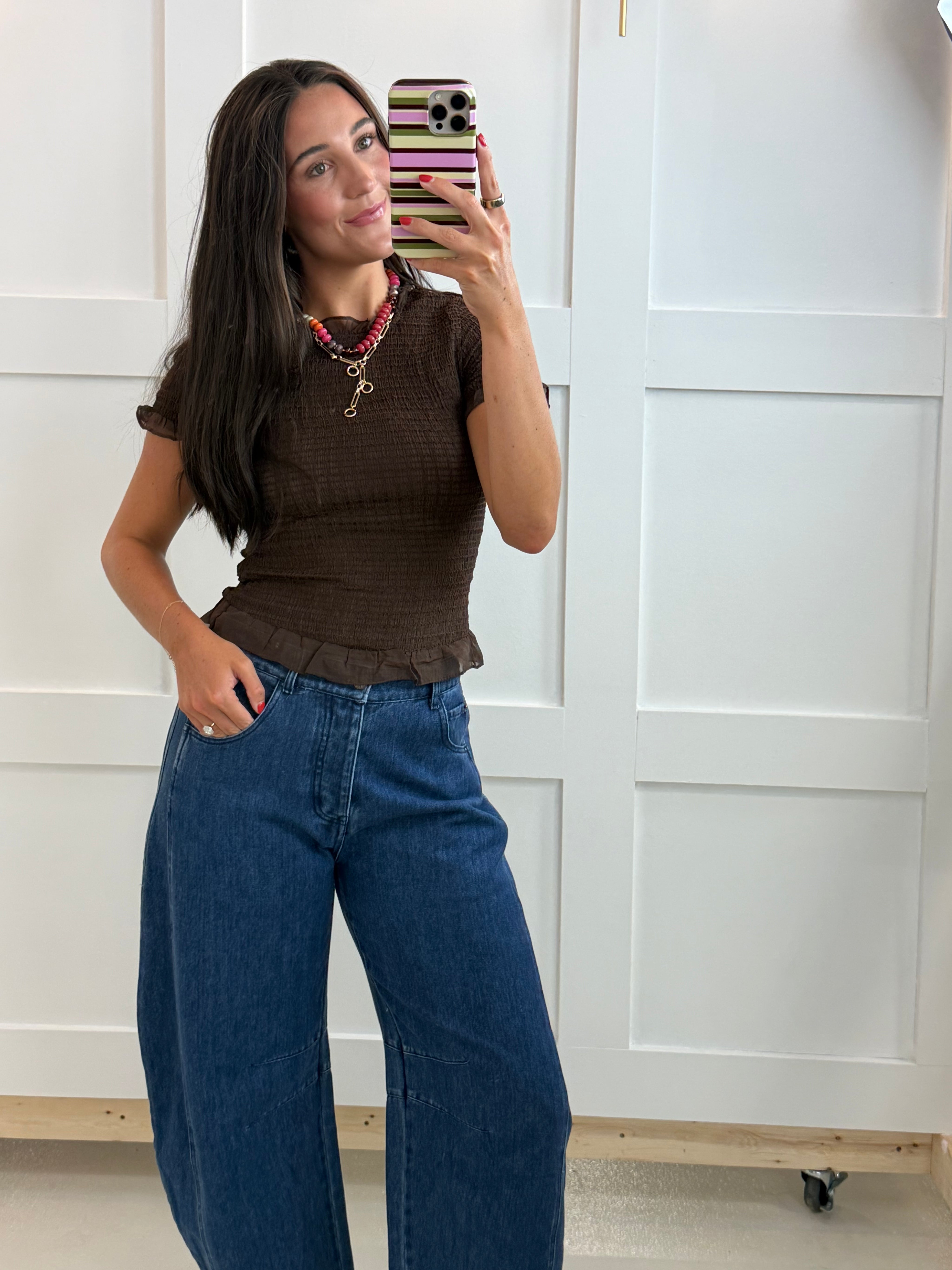 Brown Smocked Ruffle Top
