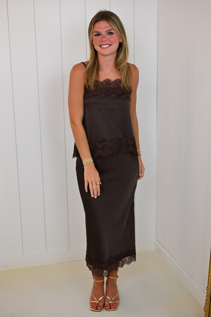 Brown Satin Midi Skirt Set