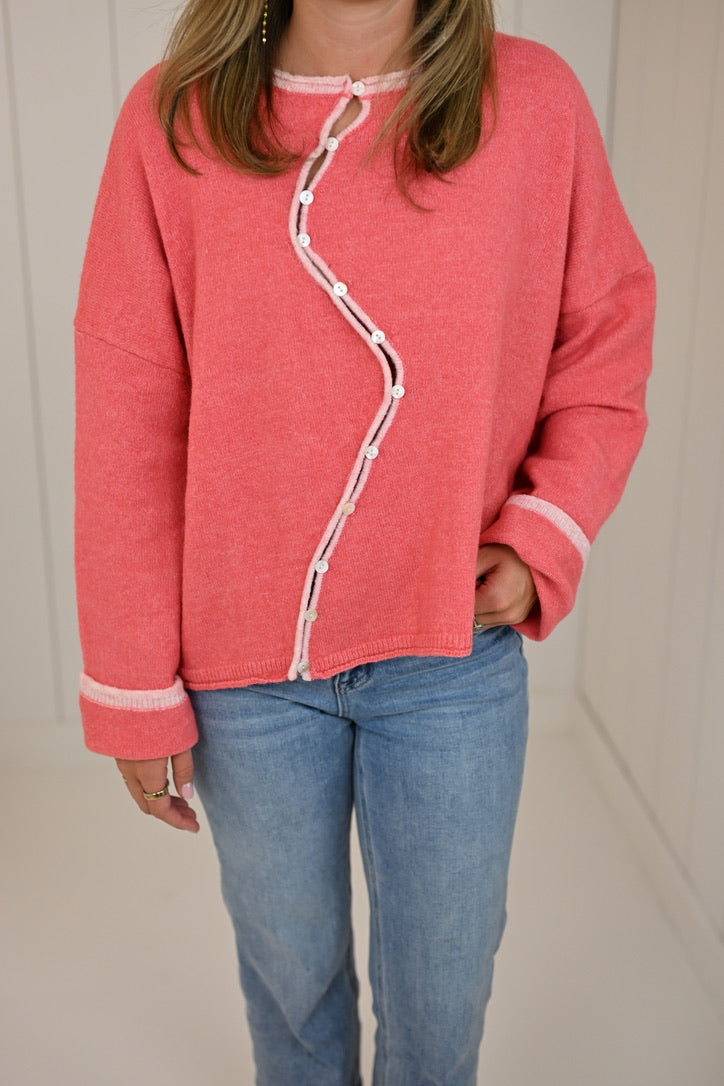 Red Wavy Button Oversized Cardigan