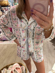 Floral Ribbon Front Lace Up Pajama Short Set