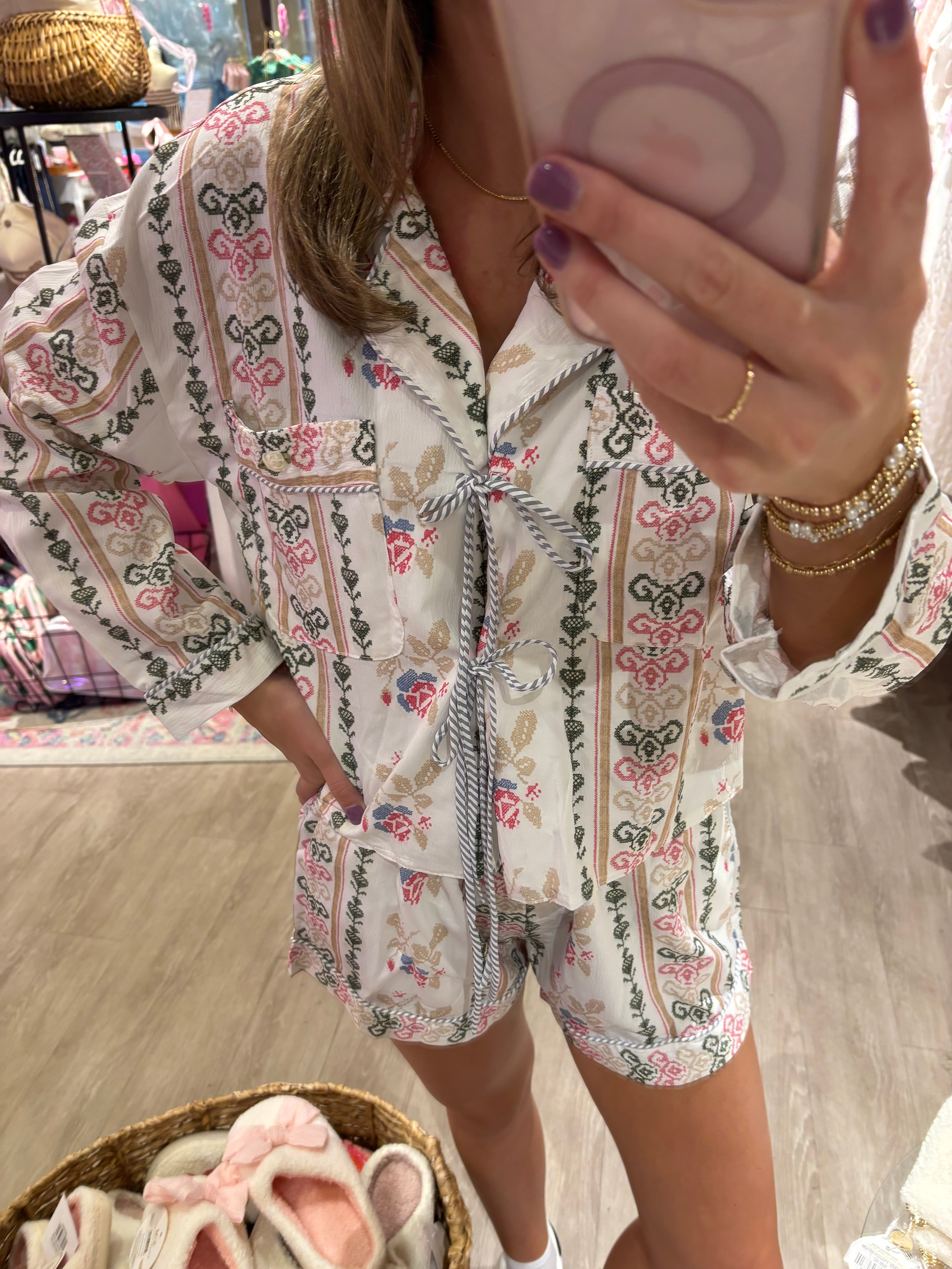 Floral Ribbon Front Lace Up Pajama Short Set