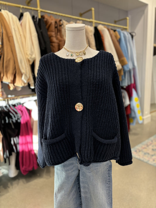 Navy Gold Button Sweater