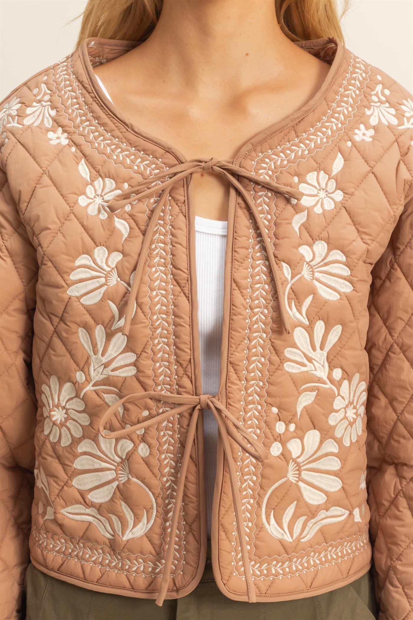Brown Quilted Floral Embroidered Jacket