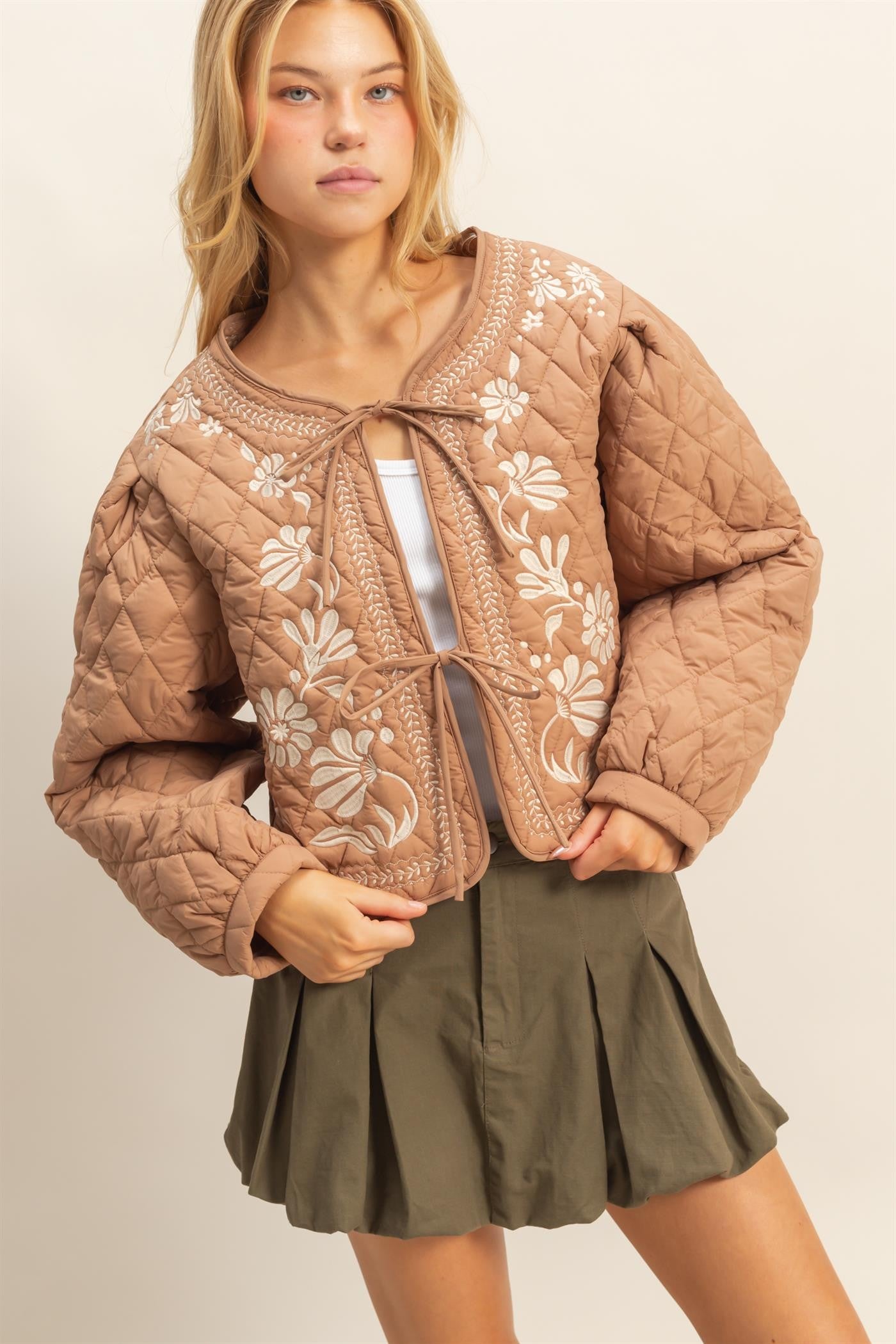 Brown Quilted Floral Embroidered Jacket
