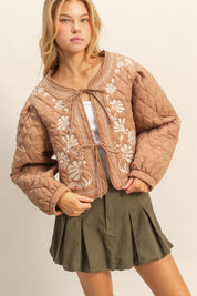 Brown Quilted Floral Embroidered Jacket