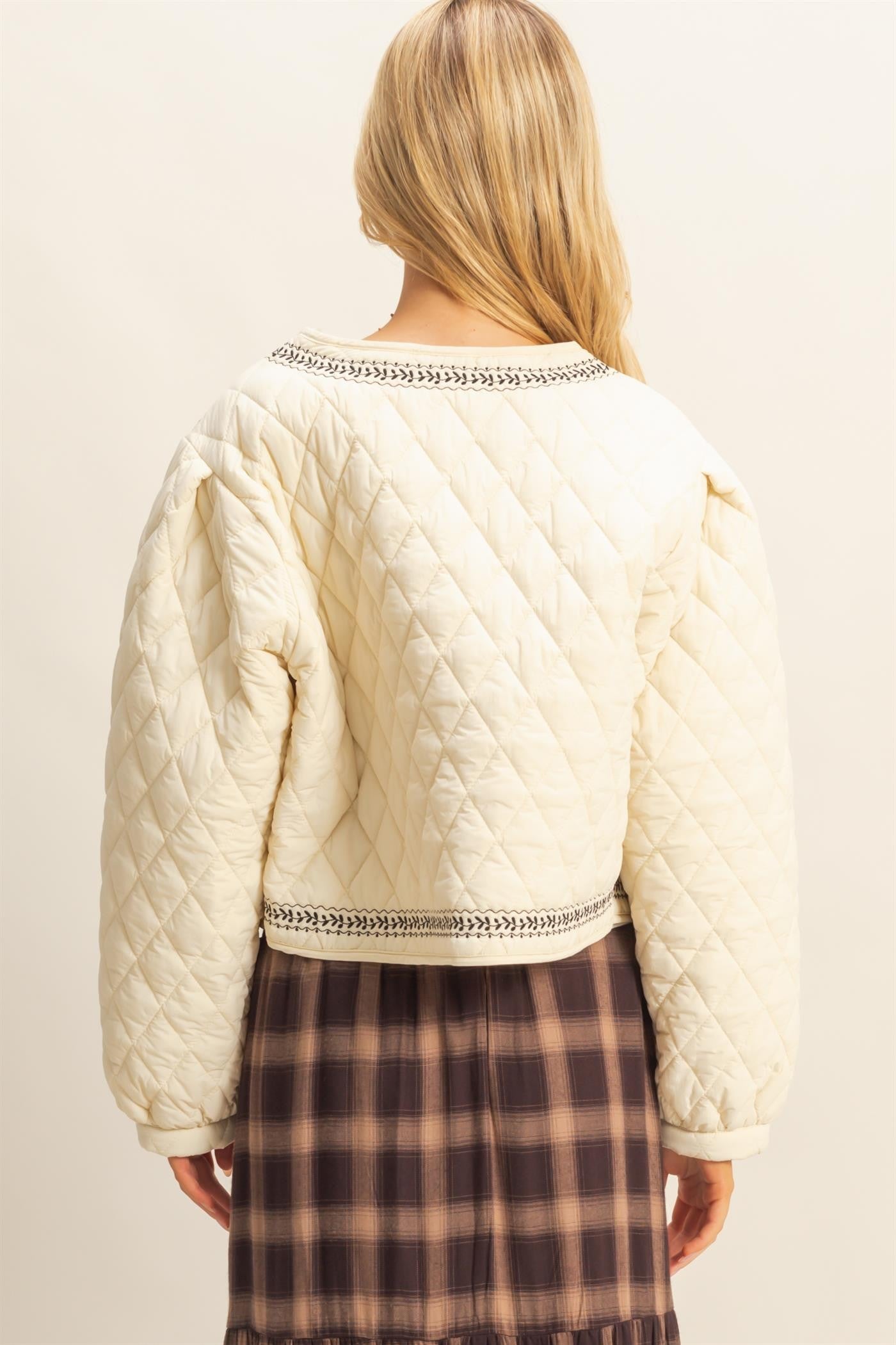 Cream Quilted Floral Embroidered Jacket