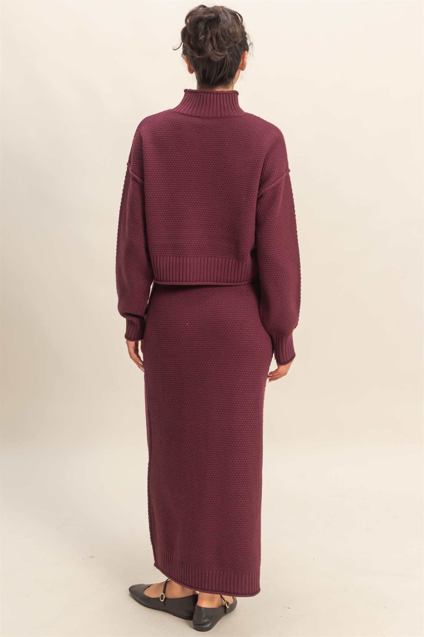 Red Textured High Neck Sweater & Skirt Set