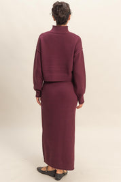 Red Textured High Neck Sweater & Skirt Set