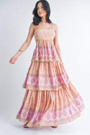 Pink Tier Printed Maxi Dress