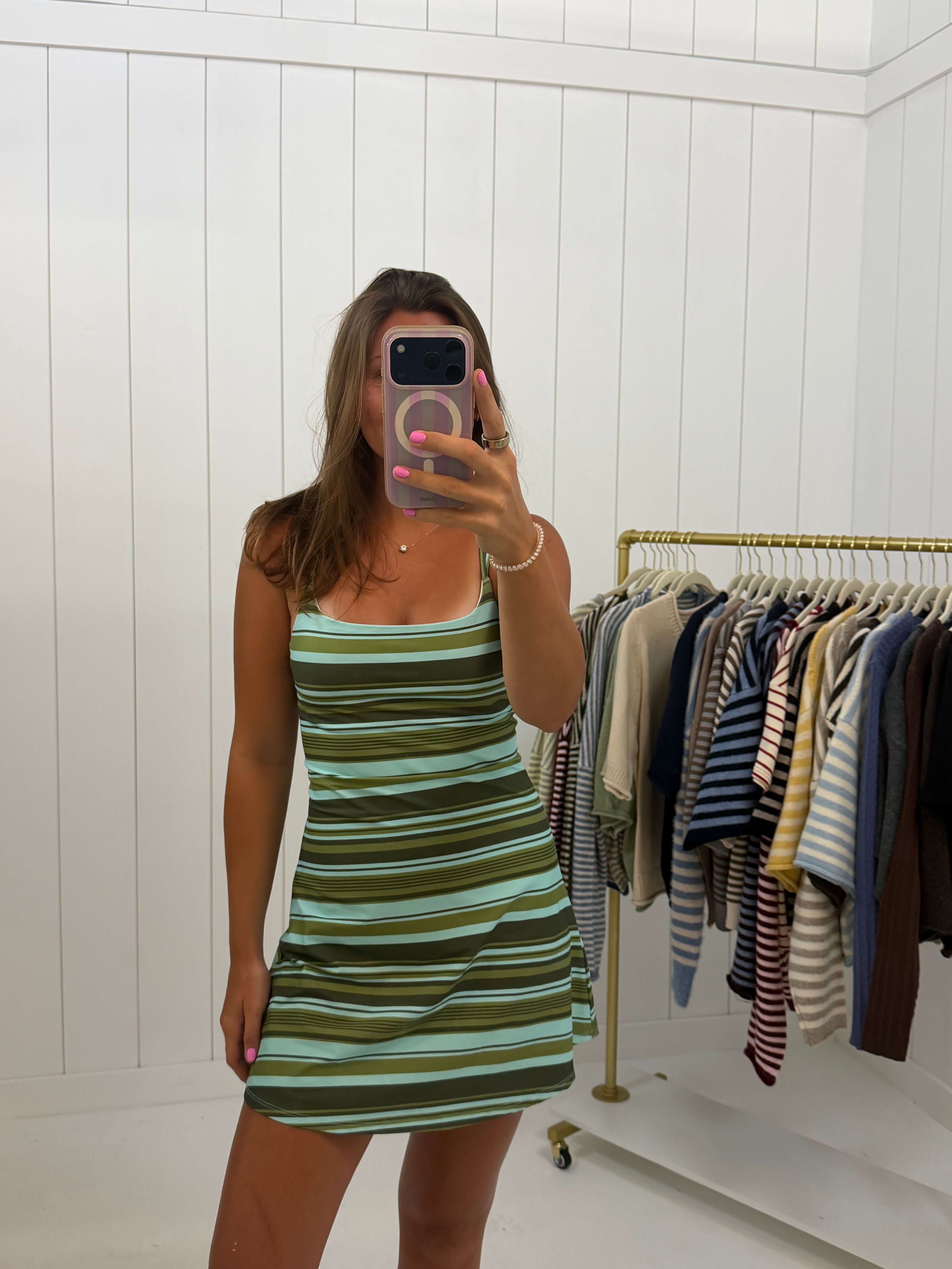 Green Stripe Athleisure Dress — color: green and aqua stripe and square neckline