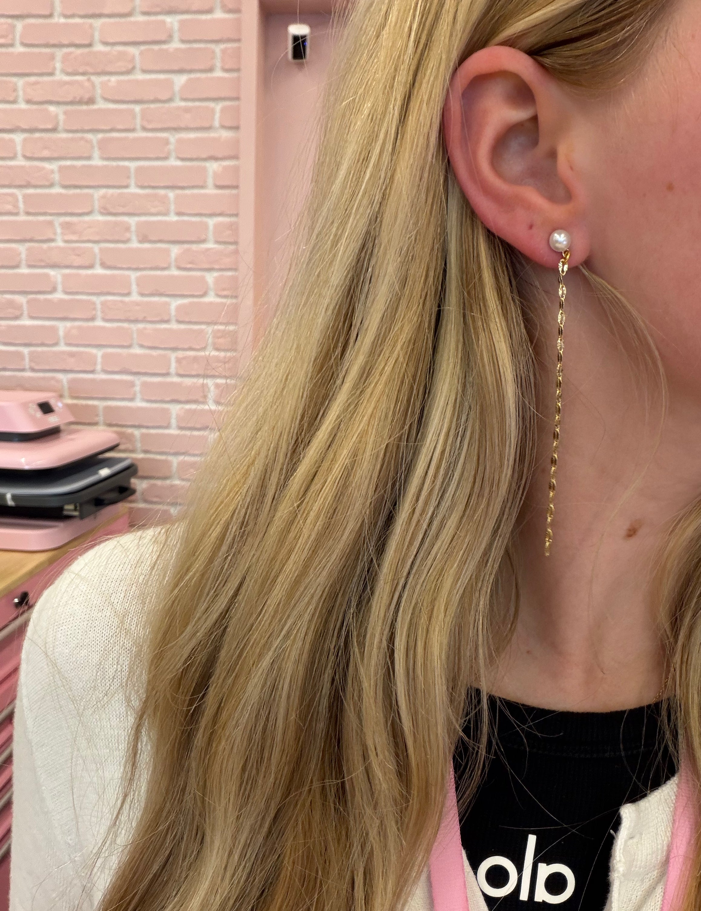 Pearl Chain Duster Earrings showing pearl stud earring