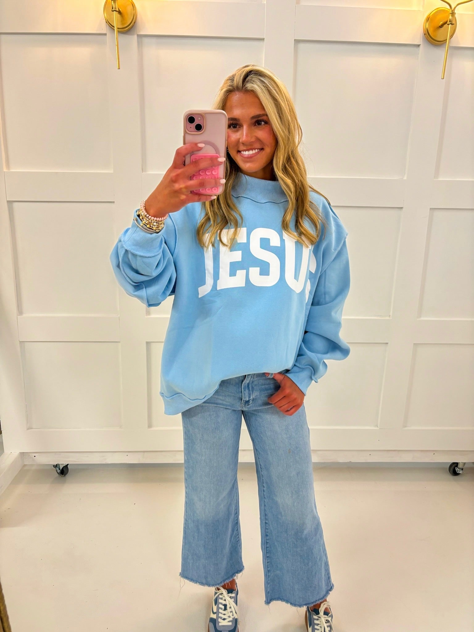 Blue Jesus Mockneck — color: light blue with white lettering and mock neckline