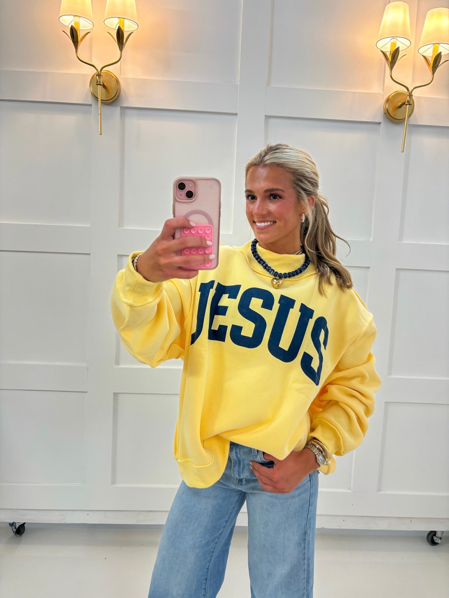Yellow Jesus & God Is Good Mockneck — color: yellow with navy lettering and mock neckline