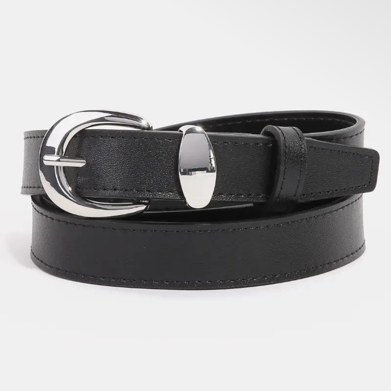 Black & Silver Metallic Crescent Buckle Leather Belt
