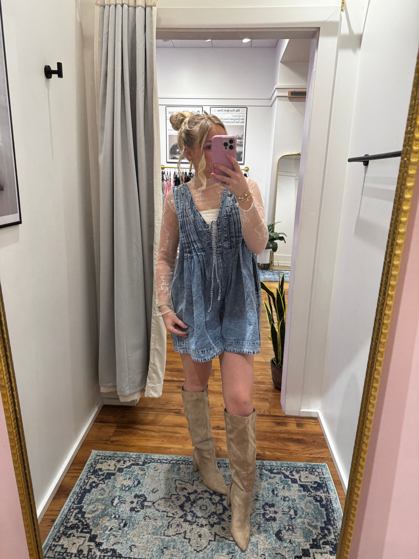 V-neck Puff Sleeve Med Denim Romper