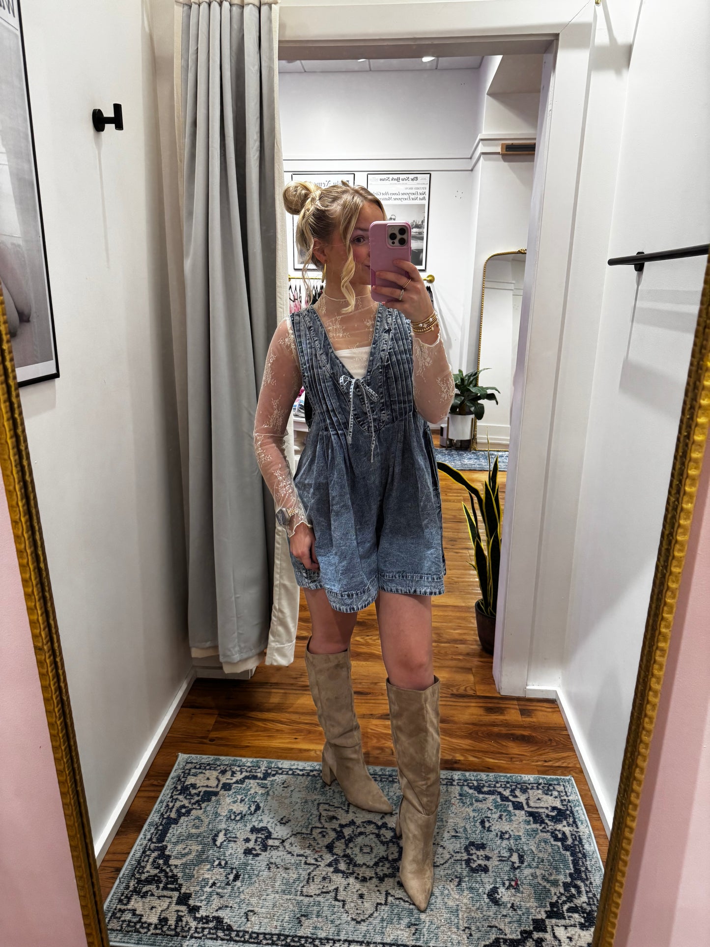 V-neck Puff Sleeve Med Denim Romper