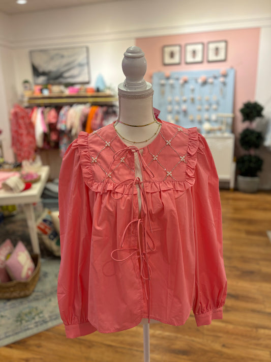 Pink Beaded Ruffle Blouse