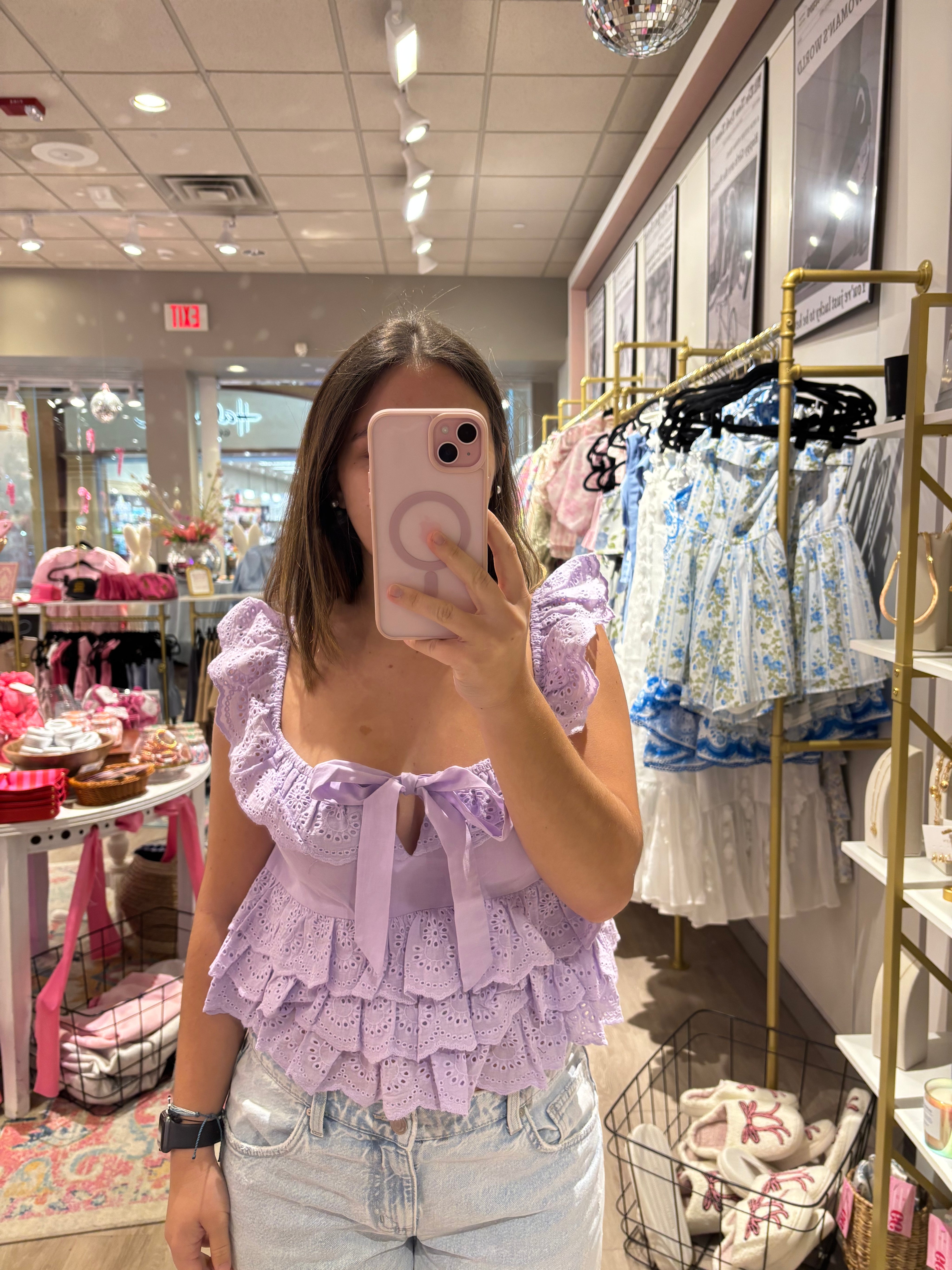 Lavender Eyelet Ruffle Tie Top
