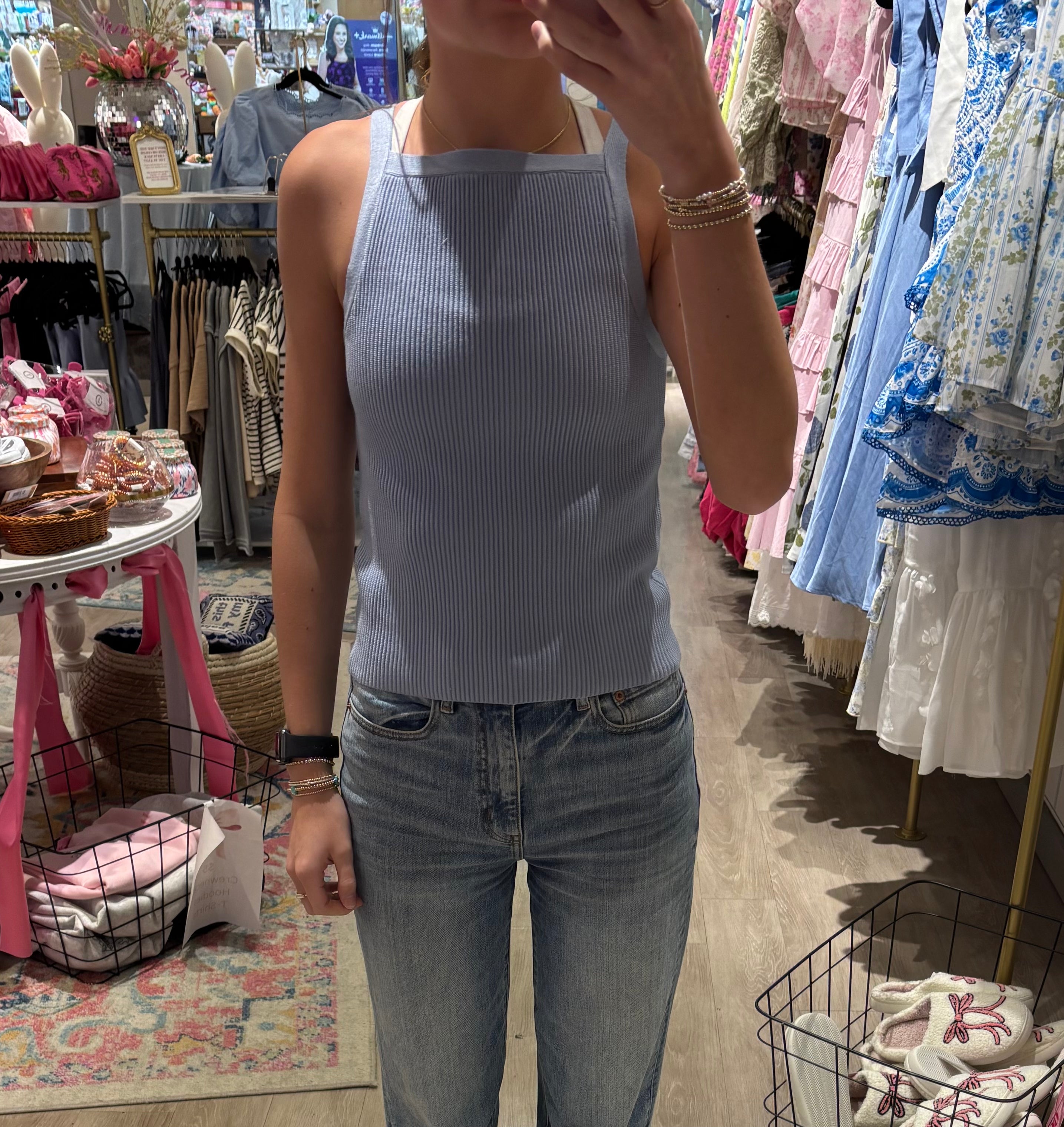Blue Ribbed Knit Tank Top