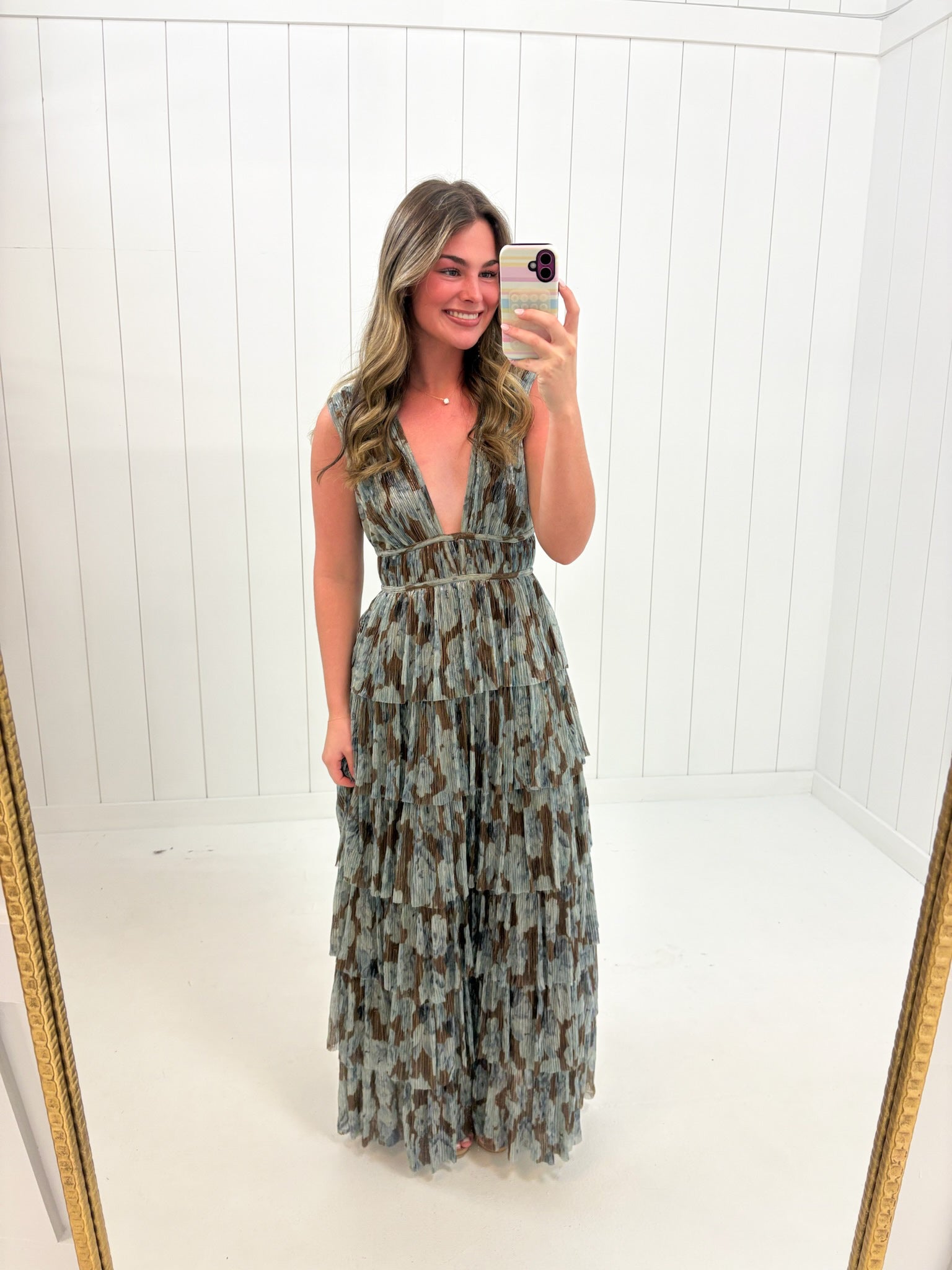 Brown Floral Plunging Ruffled Maxi Dress at Ninety Nine Boutique