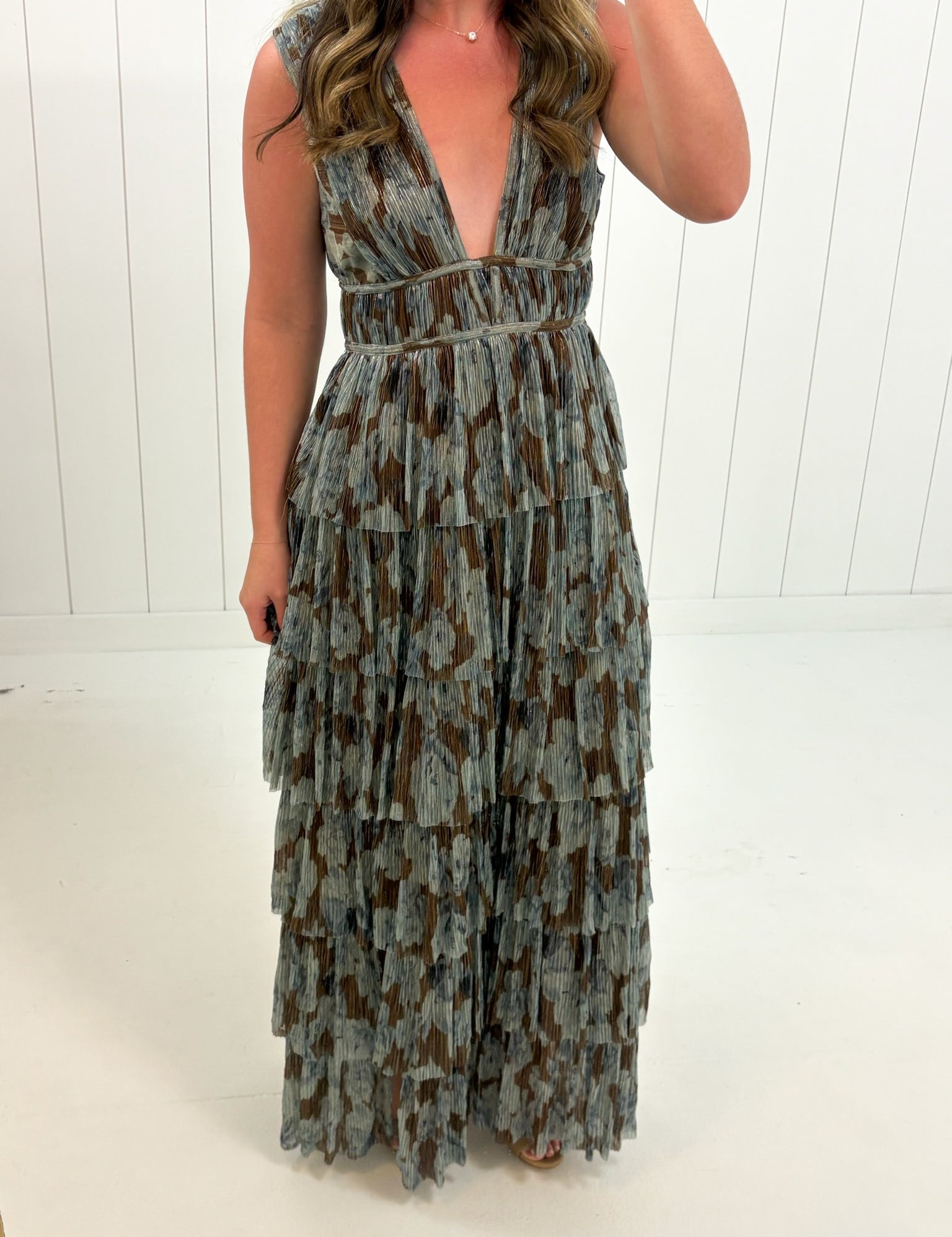 Brown Floral Plunging Ruffled Maxi Dress at Ninety Nine Boutique, view 2