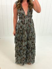 Brown Floral Plunging Ruffled Maxi Dress at Ninety Nine Boutique, view 2