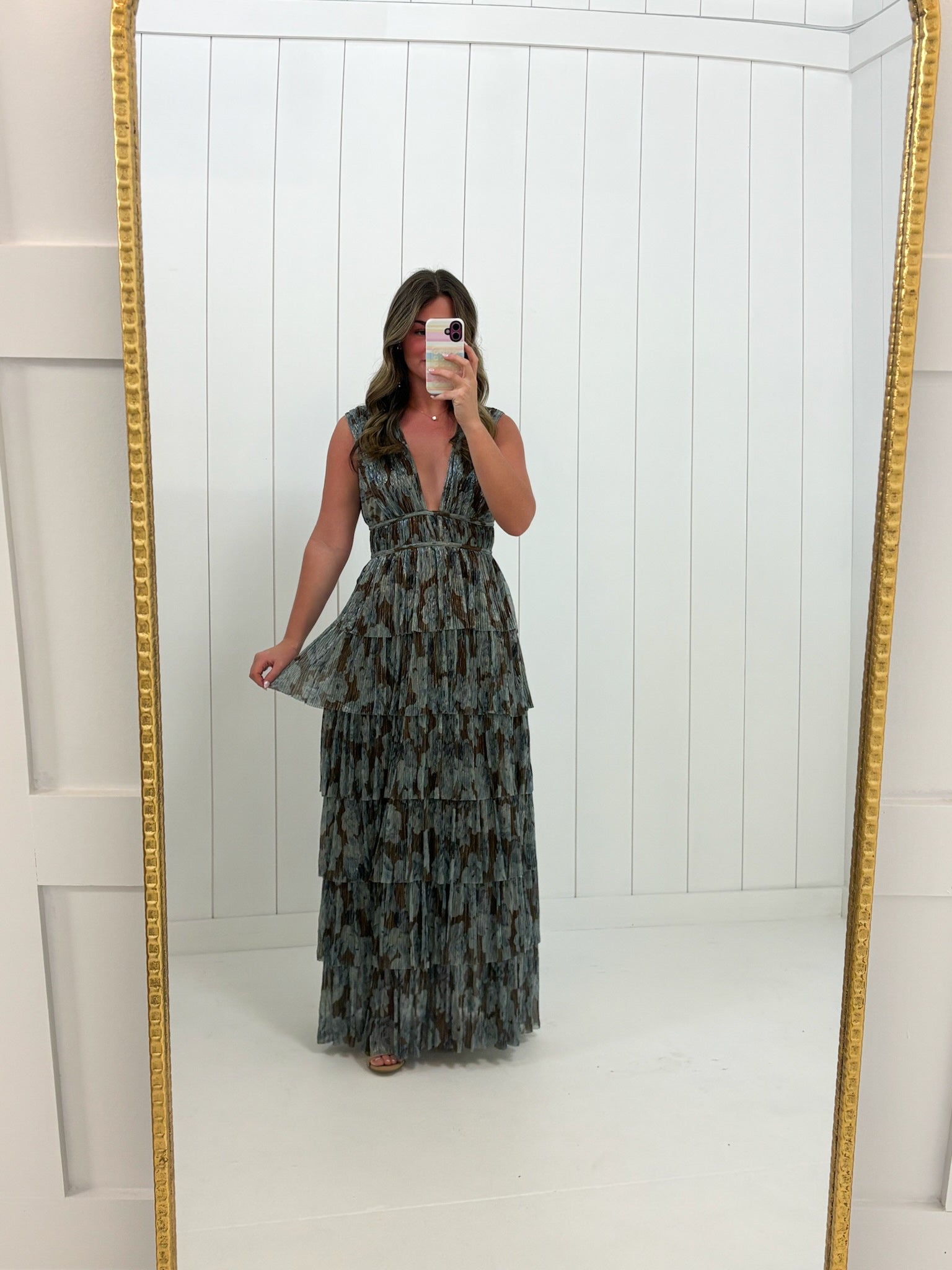 Brown Floral Plunging Ruffled Maxi Dress at Ninety Nine Boutique, view 3
