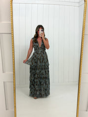 Brown Floral Plunging Ruffled Maxi Dress at Ninety Nine Boutique, view 3