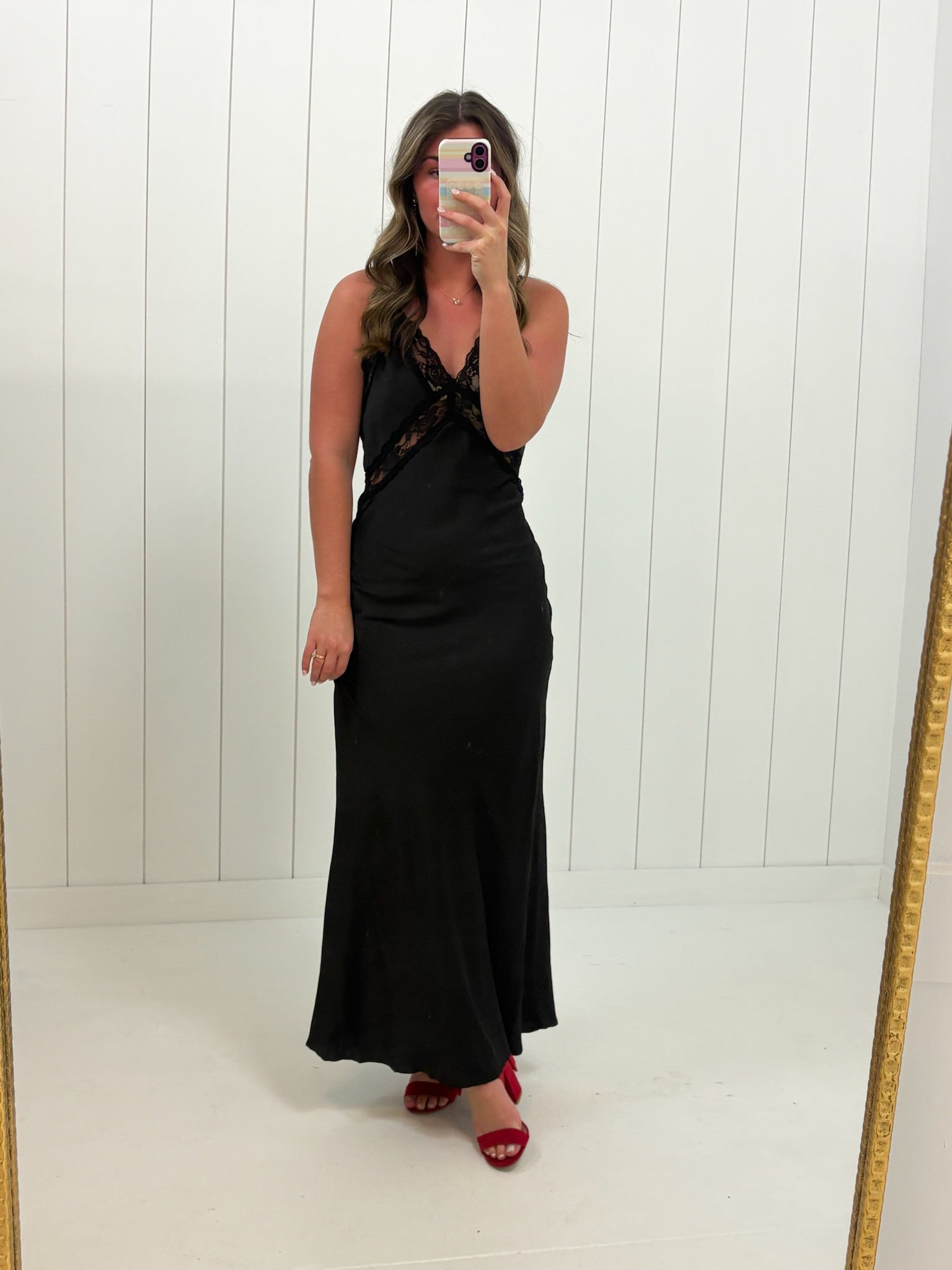Black Lace Trim Satin Maxi Dress at Ninety Nine Boutique