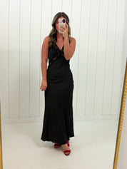 Black Lace Trim Satin Maxi Dress at Ninety Nine Boutique